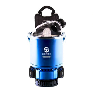A blue and black Pacvac backpacking vacuum cleaner with a clear plastic hose, white filter, and black carrying handle, shown on a solid white background.