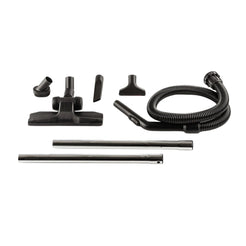 Black and silver vacuum cleaner attachment kit with a flexible hose, various nozzle heads, and two long extension tubes on a white background.