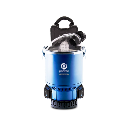 Commercial cleaner using Pacvac Superpro Go cordless backpack vacuum