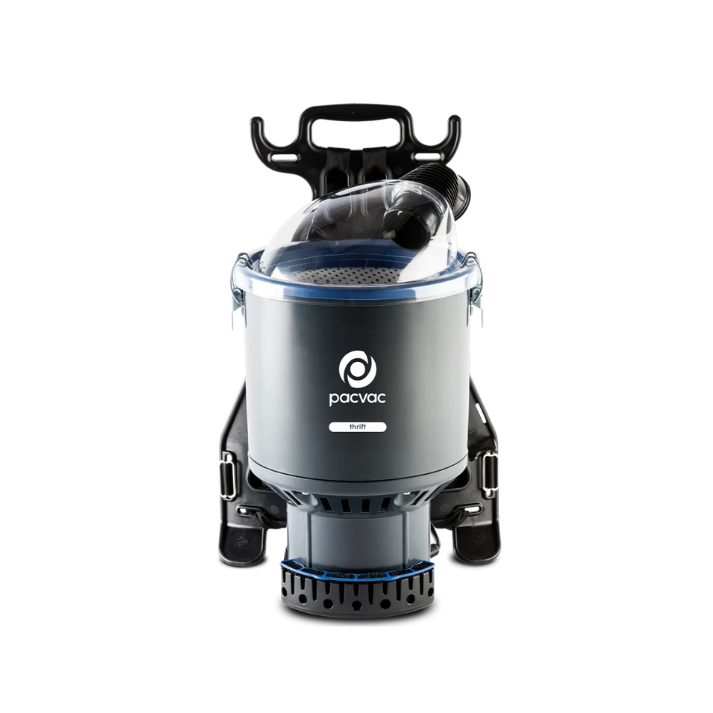 Commercial cleaner using Pacvac Thrift backpack vacuum on site