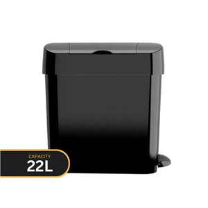 A black 22L capacity pedal bin shown from a three-quarter angle on a white background, with a black and gold 'CAPACITY 22L' label overlay in the bottom-left corner.
