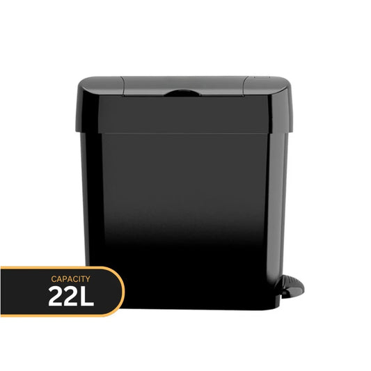 A black 22L capacity pedal bin shown from a three-quarter angle on a white background, with a black and gold 'CAPACITY 22L' label overlay in the bottom-left corner.