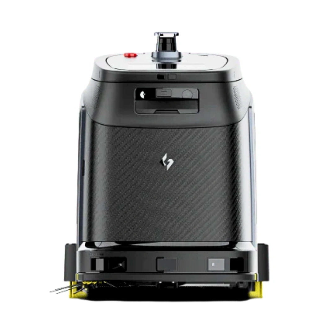 A black robotic delivery bot with a carbon-fiber textured front panel, a central silver logo, and a yellow accent strip along the bottom edge, shown against a plain white background.