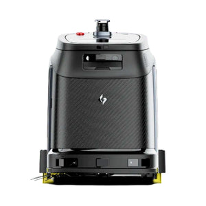 A black robotic delivery bot with a carbon-fiber textured front panel, a central silver logo, and a yellow accent strip along the bottom edge, shown against a plain white background.