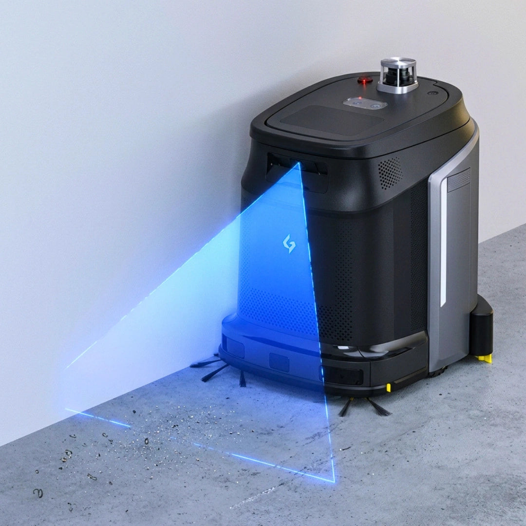 A black and gray robotic vacuum cleaner positioned in a corner against a white wall and gray floor, with a bright blue projected laser sweep visible in front of it.