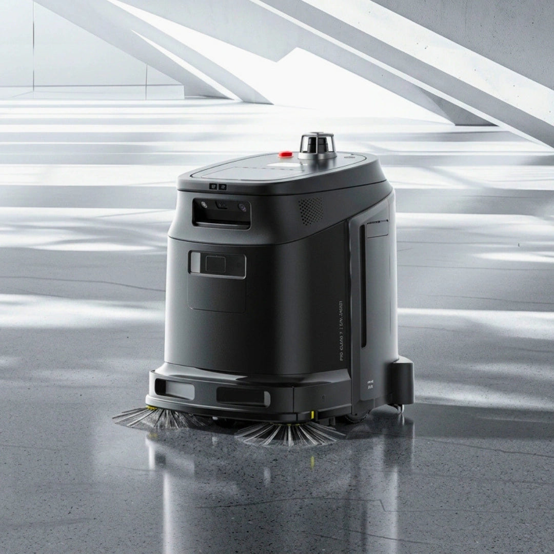 A black robotic floor cleaner with a cylindrical body and rotating bristles at the base, shown on a polished gray floor in a modern interior space with bright architectural lines.