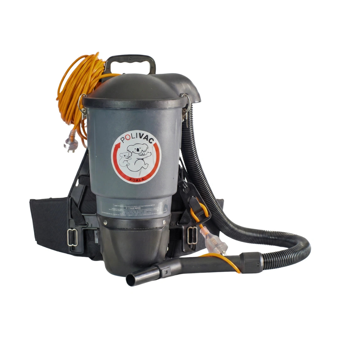 A POLIVAC backpack vacuum cleaner with a gray canister body, black harness straps, a black hose, and an orange cord, shown on a white background.