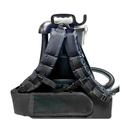 Black industrial air compressor backpack with padded shoulder straps, front utility pouch, and attached hose on a white background.