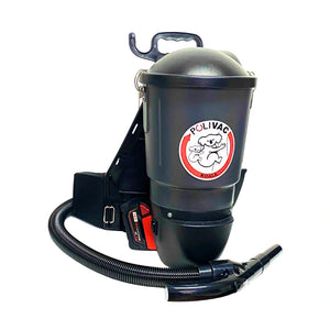 A black POLIVAC cordless vacuum cleaner with a flexible hose, shown on a plain white background. The vacuum features a cylindrical canister body with a POLIVAC logo sticker, a top handle, and a black backpack-style harness.