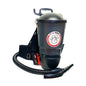 A black POLIVAC cordless vacuum cleaner with a flexible hose, shown on a plain white background. The vacuum features a cylindrical canister body with a POLIVAC logo sticker, a top handle, and a black backpack-style harness.