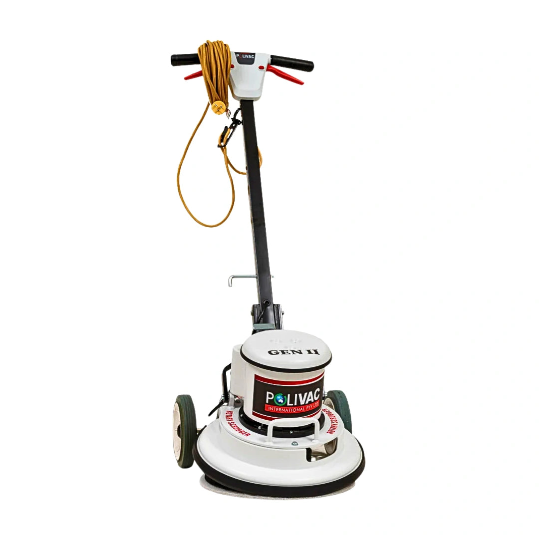 A Gen II Polivac floor buffer machine with a white and black body, black handle, yellow cord, and green wheels, shown against a plain white background.