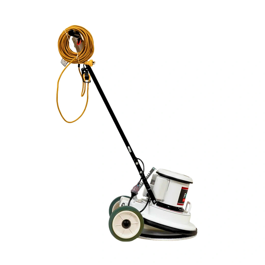 A white and black floor buffer machine with a long handle, two wheels, and a coiled yellow extension cord on a plain white background.