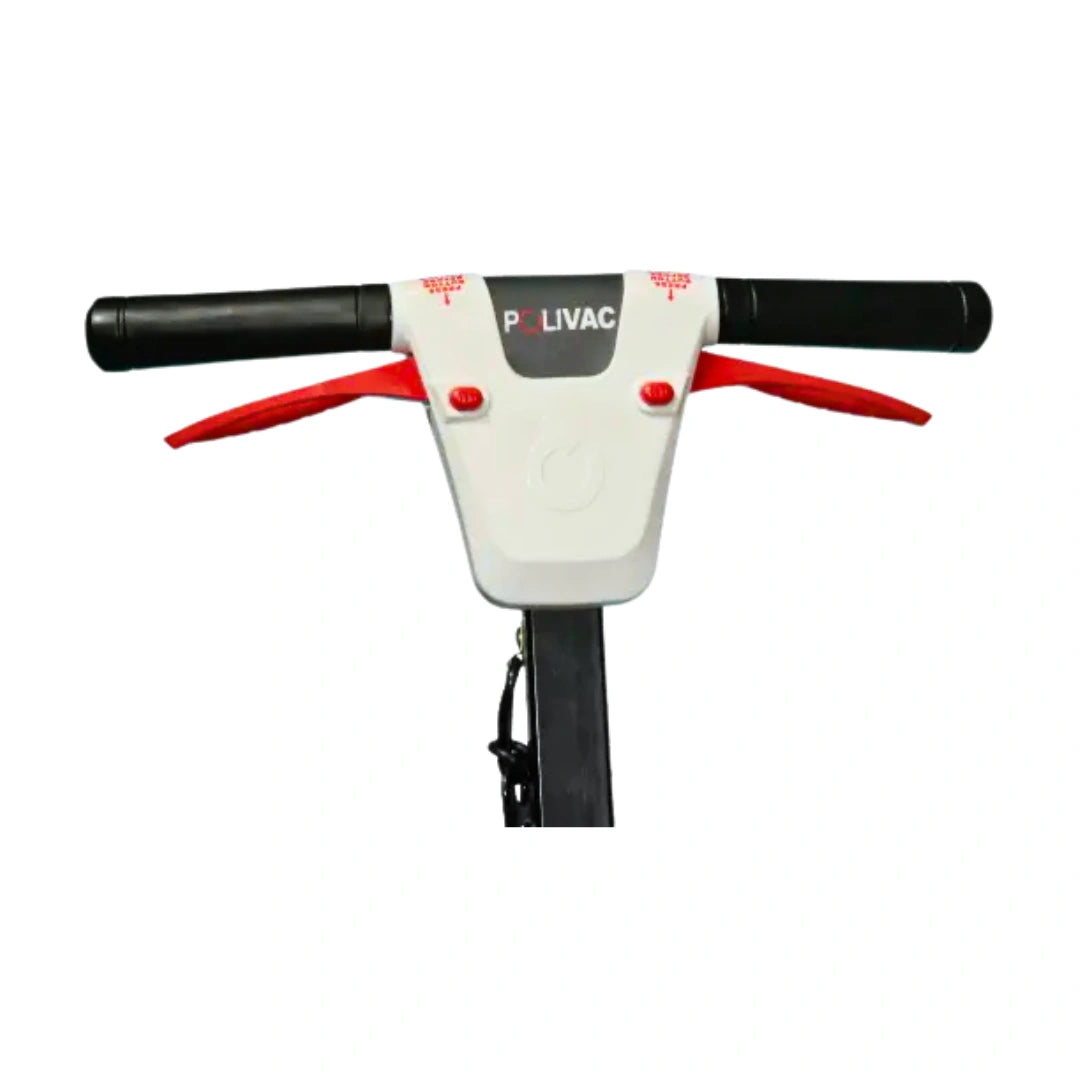 A close-up of a scooter or kick scooter handlebar assembly, featuring a white central housing with the brand name 'POLIVAC' printed in red and black, red lever arms, and black grips on a white background.
