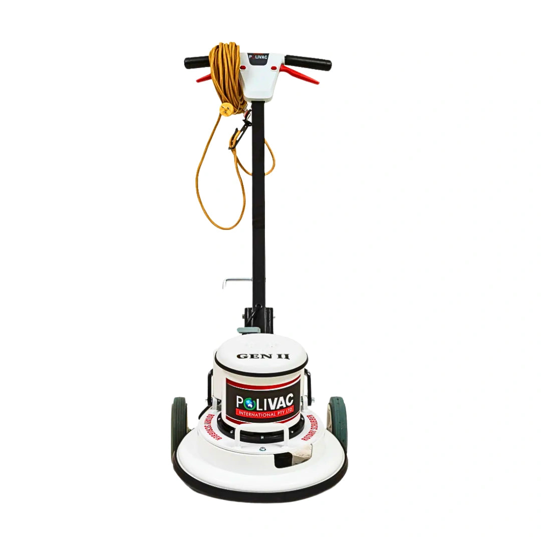 A Polivac Gen II floor buffer machine with a white and black body, black handle, yellow cord, and green wheels, shown against a plain white background.
