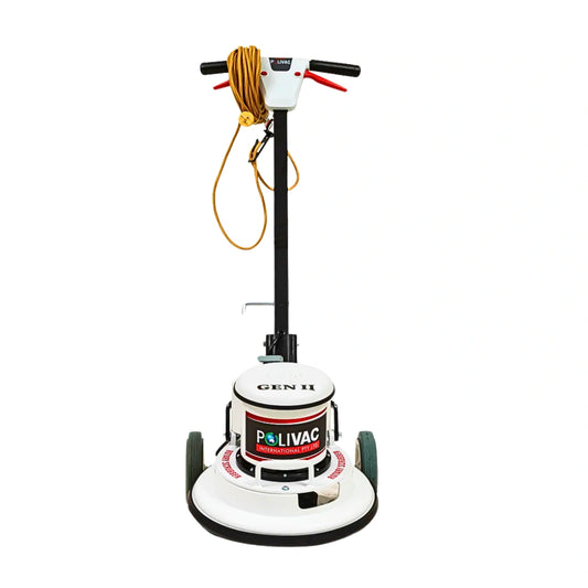 A Polivac Gen II floor buffer machine with a white and black body, black handle, yellow cord, and green wheels, shown against a plain white background.