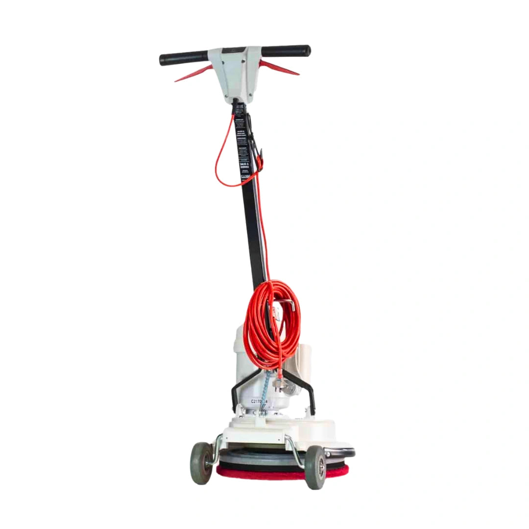 A cordless floor buffer machine with a white plastic body, black handle, and a coiled red power cord, shown against a plain white background.