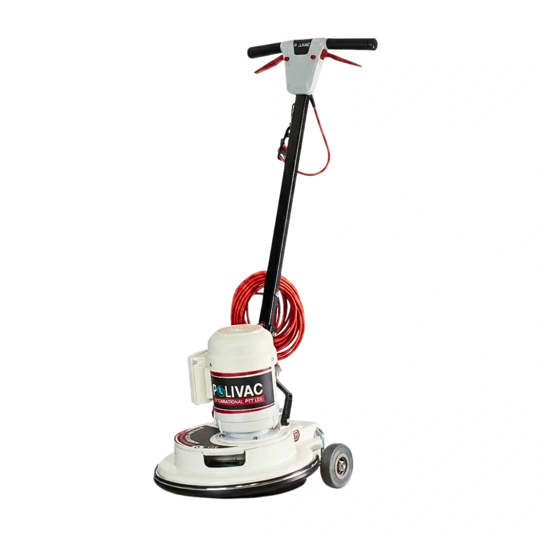 A white and black electric floor buffer machine with a red cord and a white handle, shown on a plain white background.