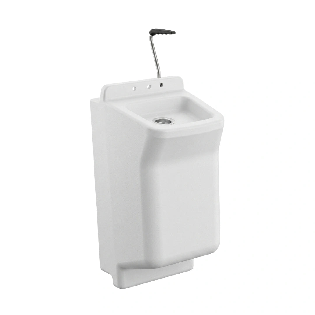 A white wall-mounted pedestal sink with a chrome gooseneck faucet and a black lever handle, shown against a plain white background.