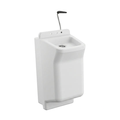 A white wall-mounted pedestal sink with a chrome gooseneck faucet and a black lever handle, shown against a plain white background.