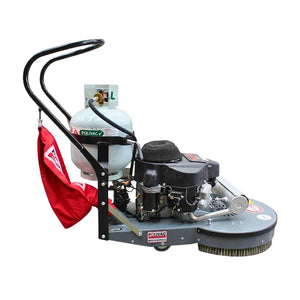 A POLYVAC walk-behind gas-powered brush cleaner with a gray base, black handle, white gas tank, black engine, silver brush deck, and a red operator flag, shown on a white background.