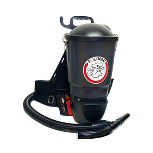A black POLIVAC backpack vacuum cleaner with a flexible hose, shown on a plain white background. The vacuum features a cylindrical canister body with the POLIVAC logo, a top handle, and a shoulder strap.