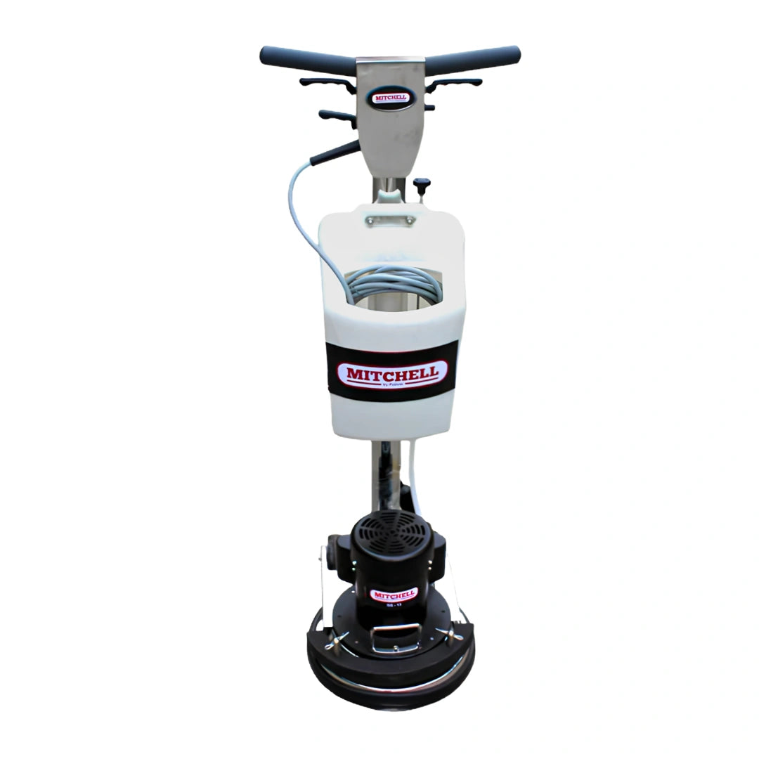 Mitchell floor buffer machine with a white plastic tank, black and silver motor base, and dark blue handle grips on a white background.