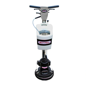 Mitchell floor buffer machine with a white plastic tank, black and silver motor base, and dark blue handle grips on a white background.