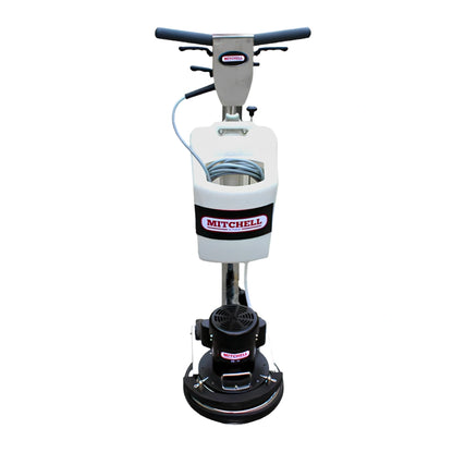 Mitchell floor buffer machine with a white plastic tank, black and silver motor base, and dark blue handle grips on a white background.