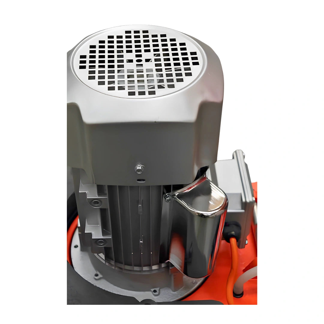 A close-up of an industrial electric pump motor with a gray plastic housing, a polished silver metal impeller housing, and orange mechanical components visible at the base, isolated on a white background.