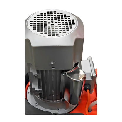 A close-up of an industrial electric pump motor with a gray plastic housing, a polished silver metal impeller housing, and orange mechanical components visible at the base, isolated on a white background.