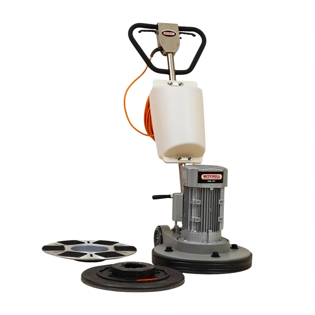 A multi-purpose floor scrubber in orange and silver with a height-adjustable handle.