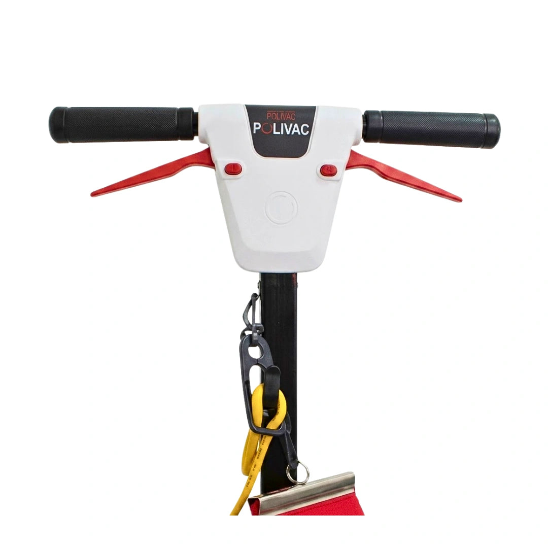 POLIVAC electric scooter handlebar assembly with black grips, red lever arms, a white central housing, and a black stem with attached yellow leash and metal accessories, shown on a plain white background.