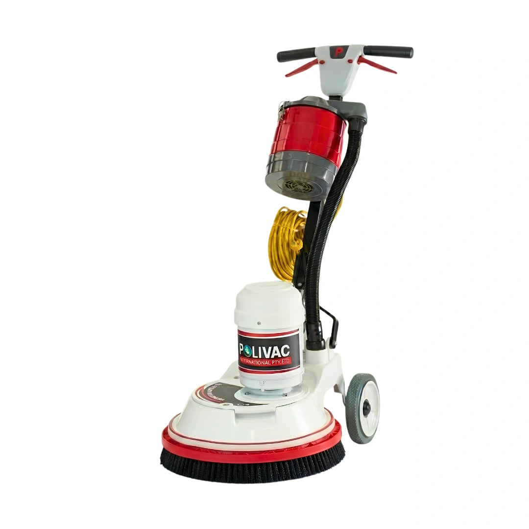 A professional floor buffer and brush cleaner machine with a white and red base, a black handle, a red dust container, a yellow hose reel, and a visible PALIVAC brand label.