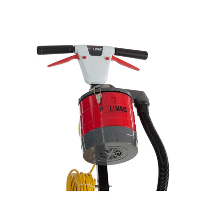 A red and gray LIVAC industrial vacuum cleaner with a black handlebar, red and white controls, a black hose, and a coiled yellow hose on a white background.