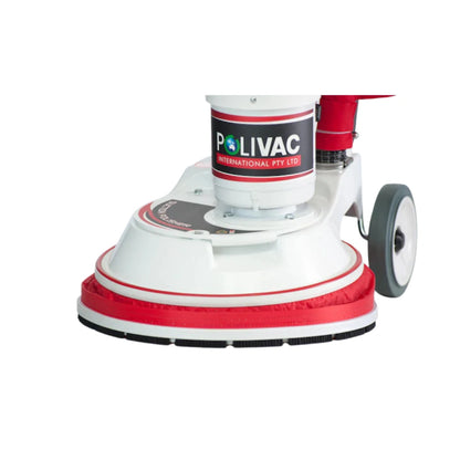 A Livac floor buffer machine with a white and red circular rotating pad, a white cylindrical motor housing, and a gray wheel, shown against a plain white background.