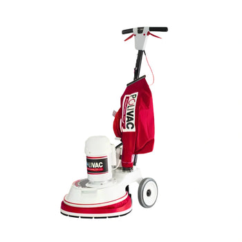 A red and white POLIVAC floor buffer machine with a red collection bag hanging from the handle, shown against a plain white background.