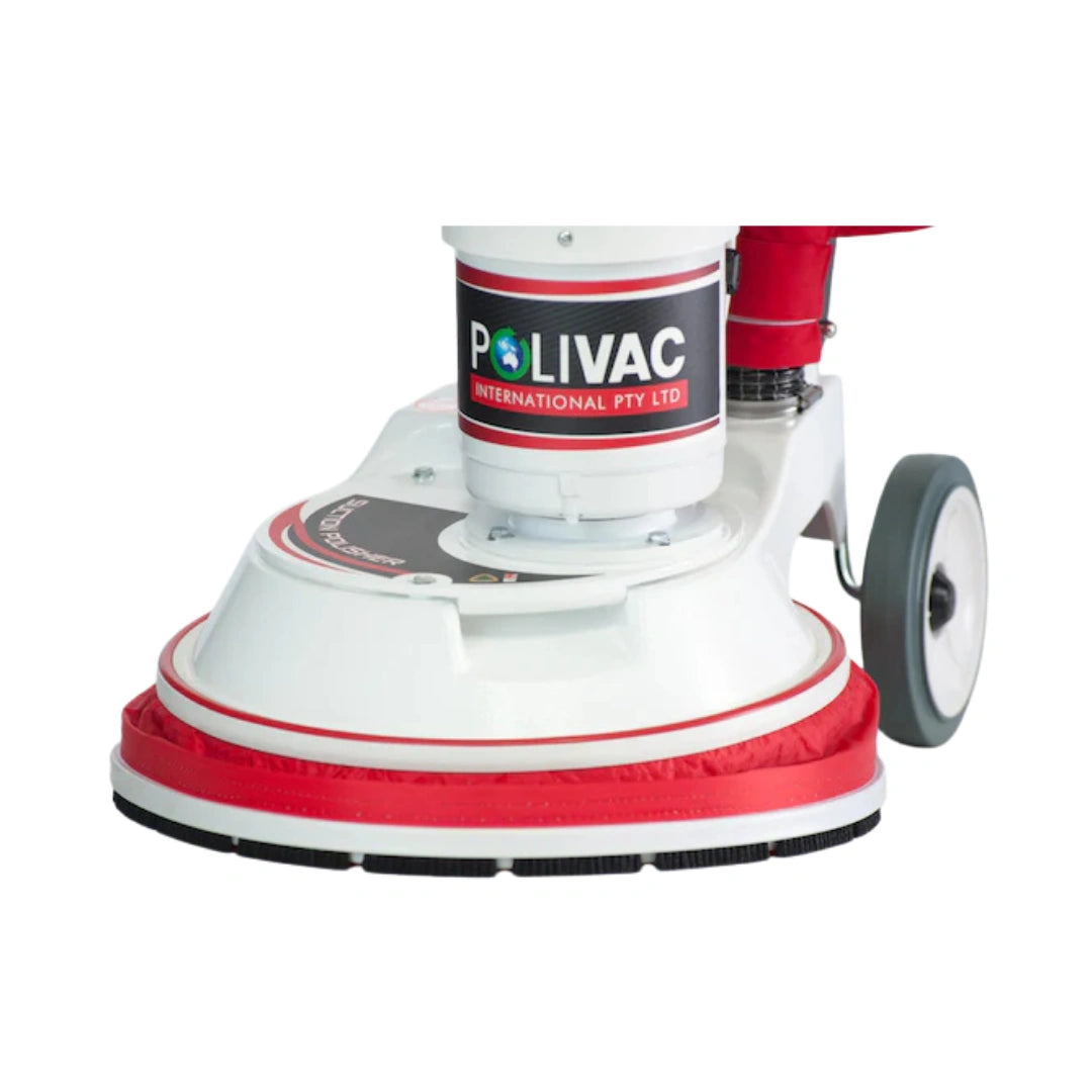 A POLIVAC industrial floor buffer or sanding machine with a white and red body, a large circular cutting pad, and a single visible wheel, shown on a plain white background.