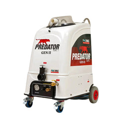 A white POLINAC Predator Gen II commercial steam cleaner on wheels, featuring a black control panel, red and black branding graphics, and a hose connected to the front.