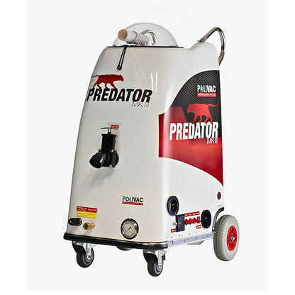 A POLIVAC Predator MK III steam cleaning machine on a wheeled cart, featuring a white body with red and black graphics, a steam nozzle, and a hose connection on top.