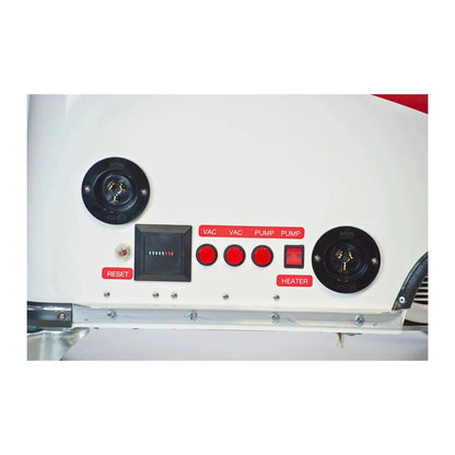 Close-up of a white appliance control panel with black circular dials, red buttons, and labels including RESET, VAC, PUMP, PLUMP, and HEATER.
