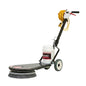 A UTVAC industrial floor scrubber machine with a black metal frame, gray rotating brush head, white plastic container, yellow coiled hose, and black handle on a white background.