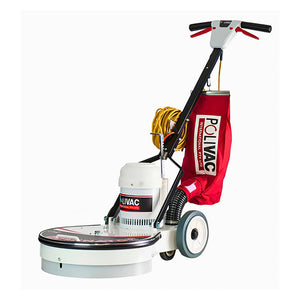 A POLIVAC floor buffer machine with a white and black body, a red dust bag, a yellow coiled hose, and a black handle with red accents, shown on a plain white background.