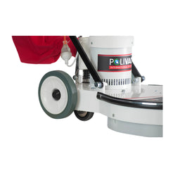 Close-up of a Polivac International 3000 floor scrubber machine showing the white cylindrical motor housing, a red fabric dust bag, a gray and white wheel, and a black handle on a white background.