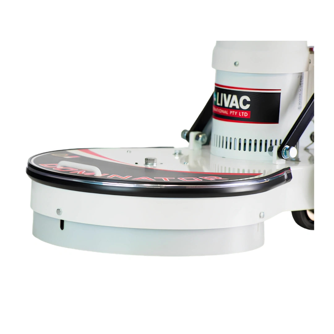 A close-up of a white and black rotary floor scrubber head attachment with a visible 'LIVAC' brand label on a white background.