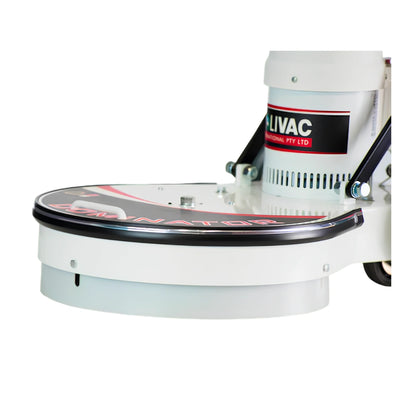 A close-up of a white and black rotary floor scrubber head attachment with a visible 'LIVAC' brand label on a white background.