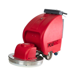 A red POLIVAC industrial floor buffer machine with a silver circular buffer pad, black handle, and small blue wheels, shown on a plain white background.