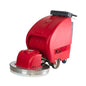 A red POLIVAC industrial floor buffer machine with a silver circular buffer pad, black handle, and small blue wheels, shown on a plain white background.