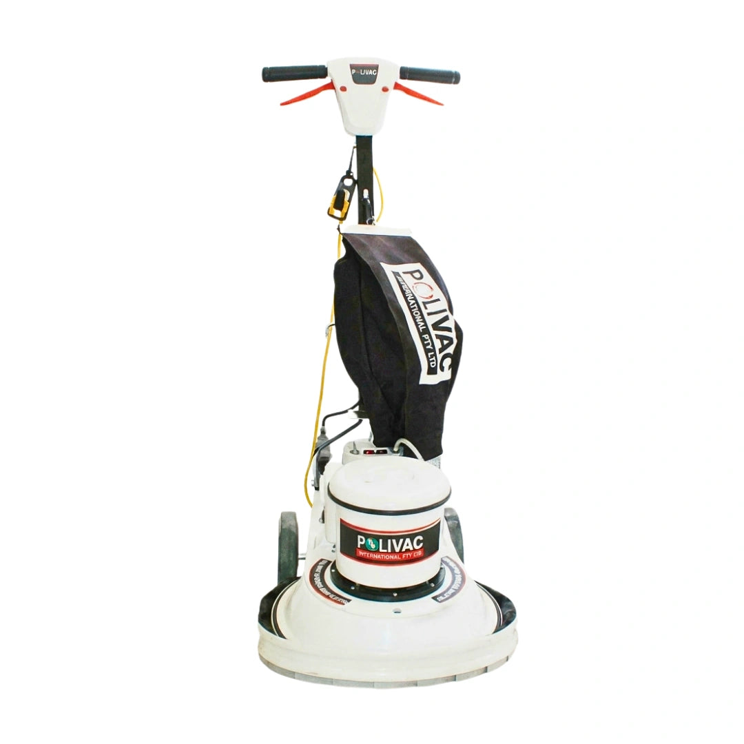 A white and black PiLivac floor buffer and polish machine with a black protective dust bag, shown on a solid white background.