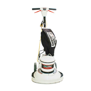 A white and black PiLivac floor buffer and polish machine with a black protective dust bag, shown on a solid white background.