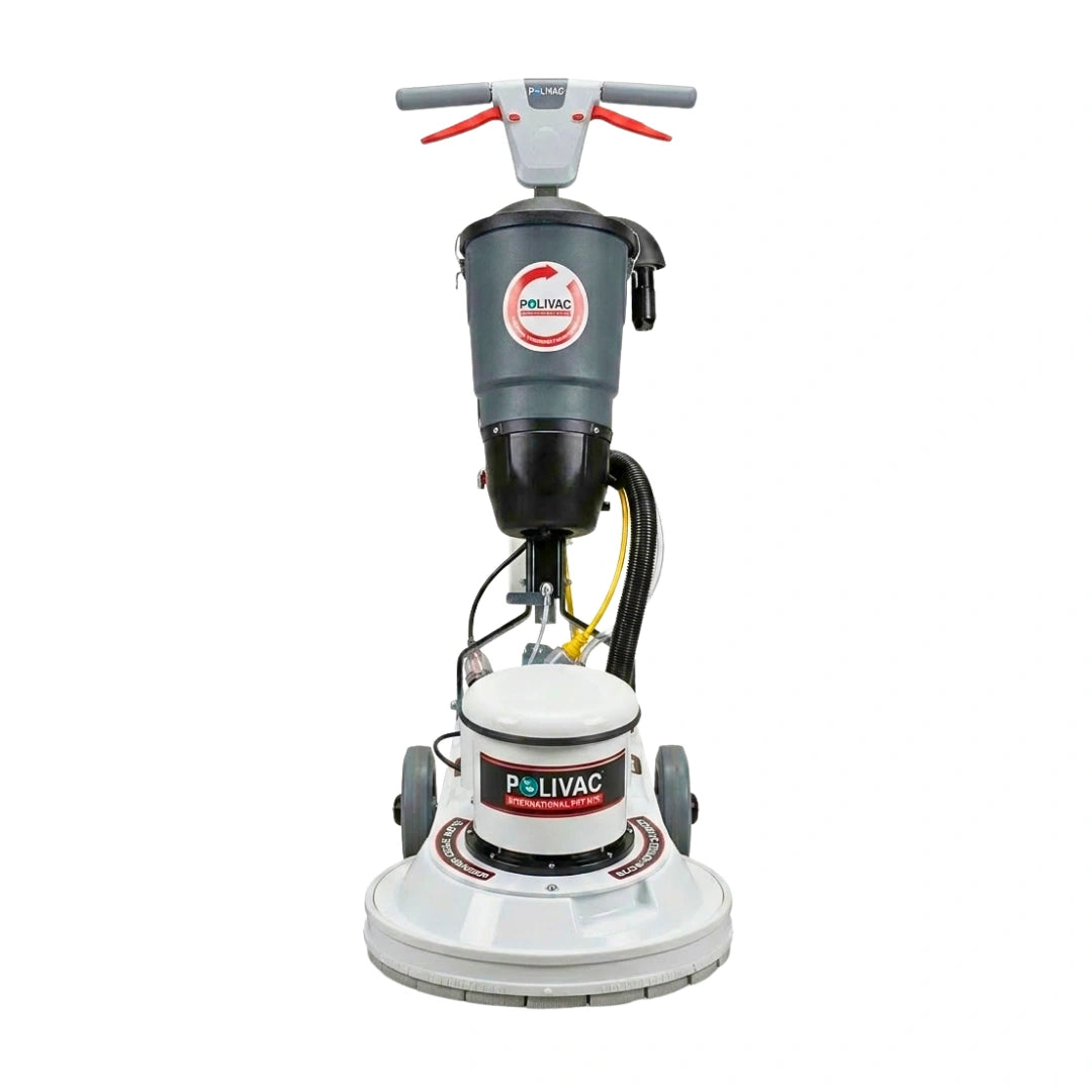 A Livac electric floor buffer machine with a gray and black body, white base, and red handle accents, shown against a plain white background.